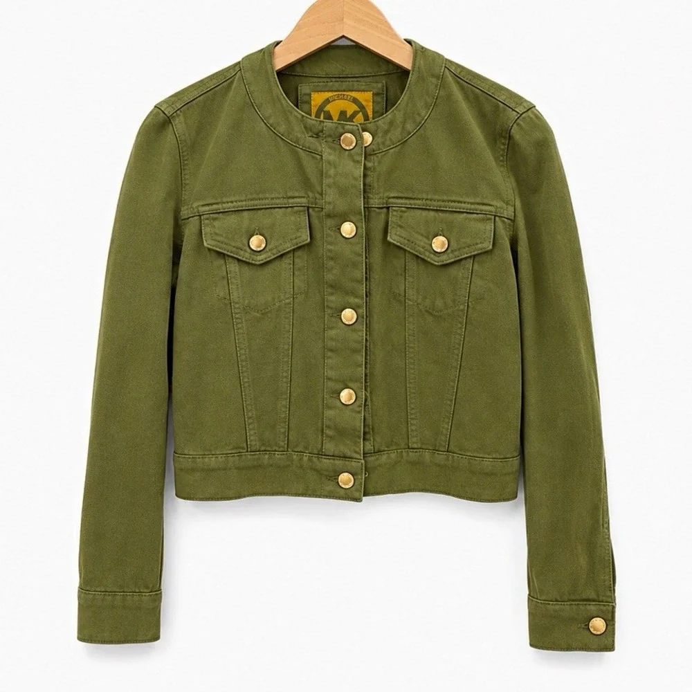 Michael Kors Women's Green Cropped Button-Front Pocket Cotton Jacket Size S